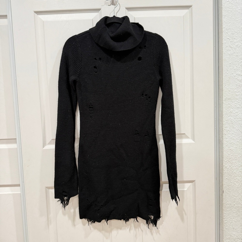 Lovers and Friends Black Distressed Turtleneck Sweater Dress Size S Keeney - Picture 2 of 10